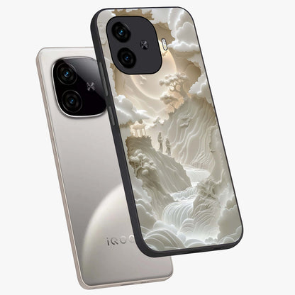Celestial Origami Glass Case displayed in angled mockup highlighting geometric origami design with cosmic aesthetic theme.