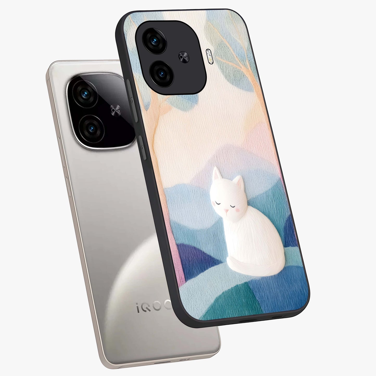 Cotton Dream Cat Glass Case displayed in angled mockup highlighting cute feline illustration with pastel aesthetic style.