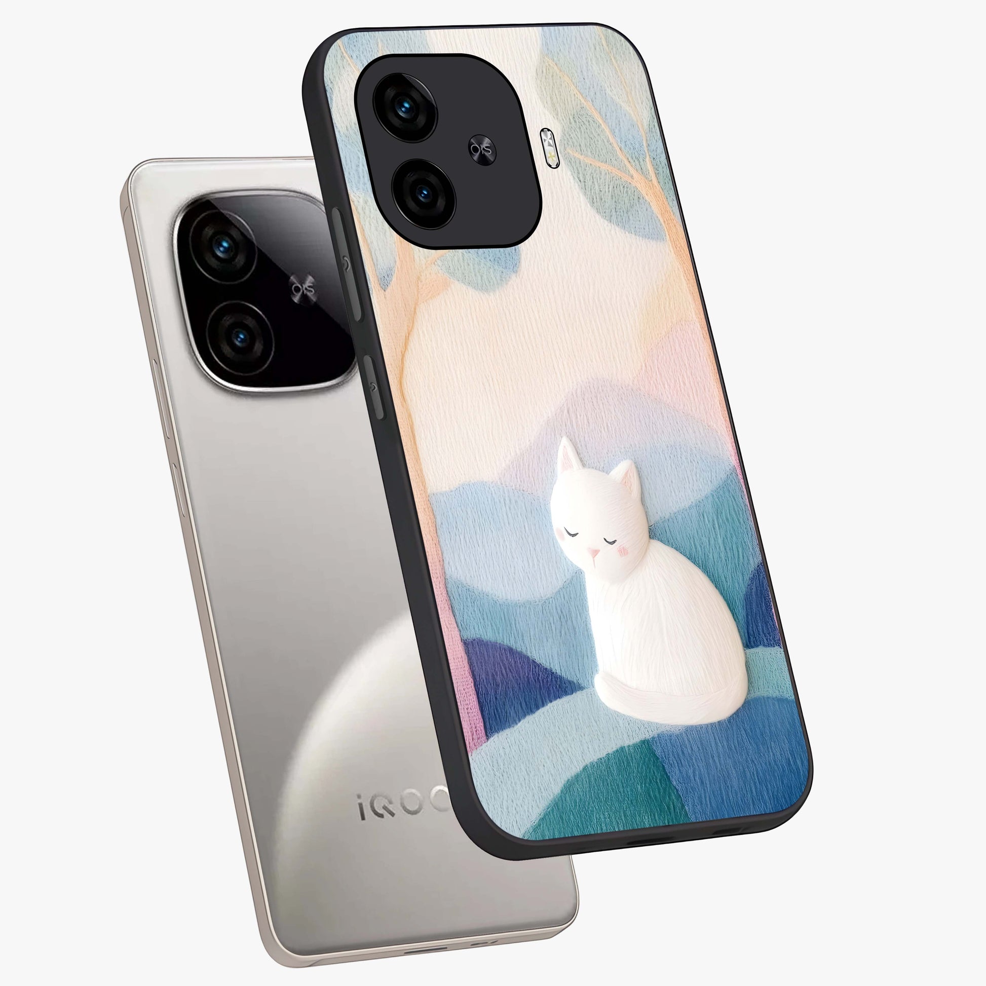 Cotton Dream Cat Glass Case displayed in angled mockup highlighting cute feline illustration with pastel aesthetic style.