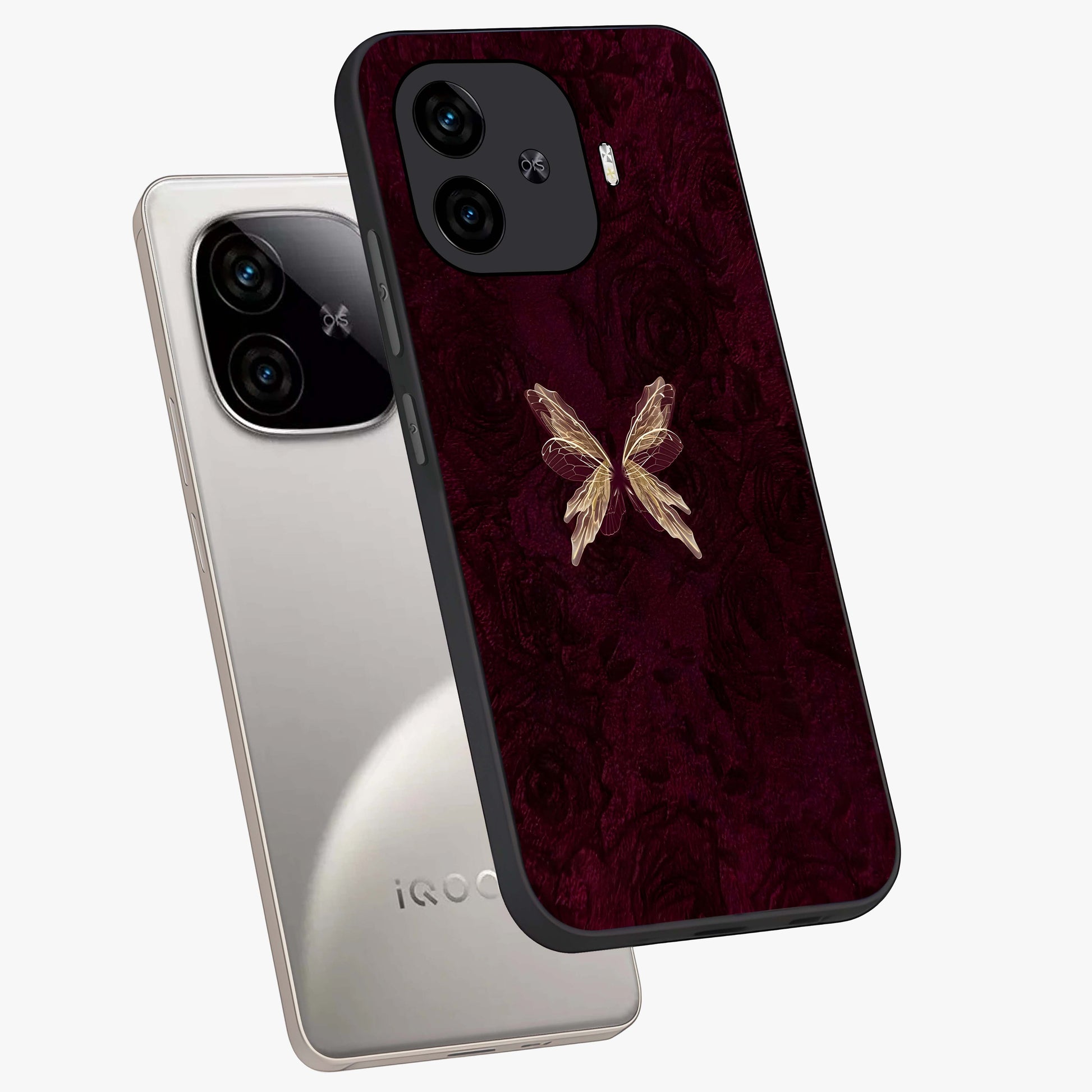 Crimson Fade Butterfly Glass Case displayed in angled mockup highlighting elegant butterfly design with crimson gradient aesthetic.