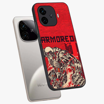 Crimson Mecha Titan Glass Case displayed in angled mockup highlighting futuristic mech illustration with bold crimson aesthetic.