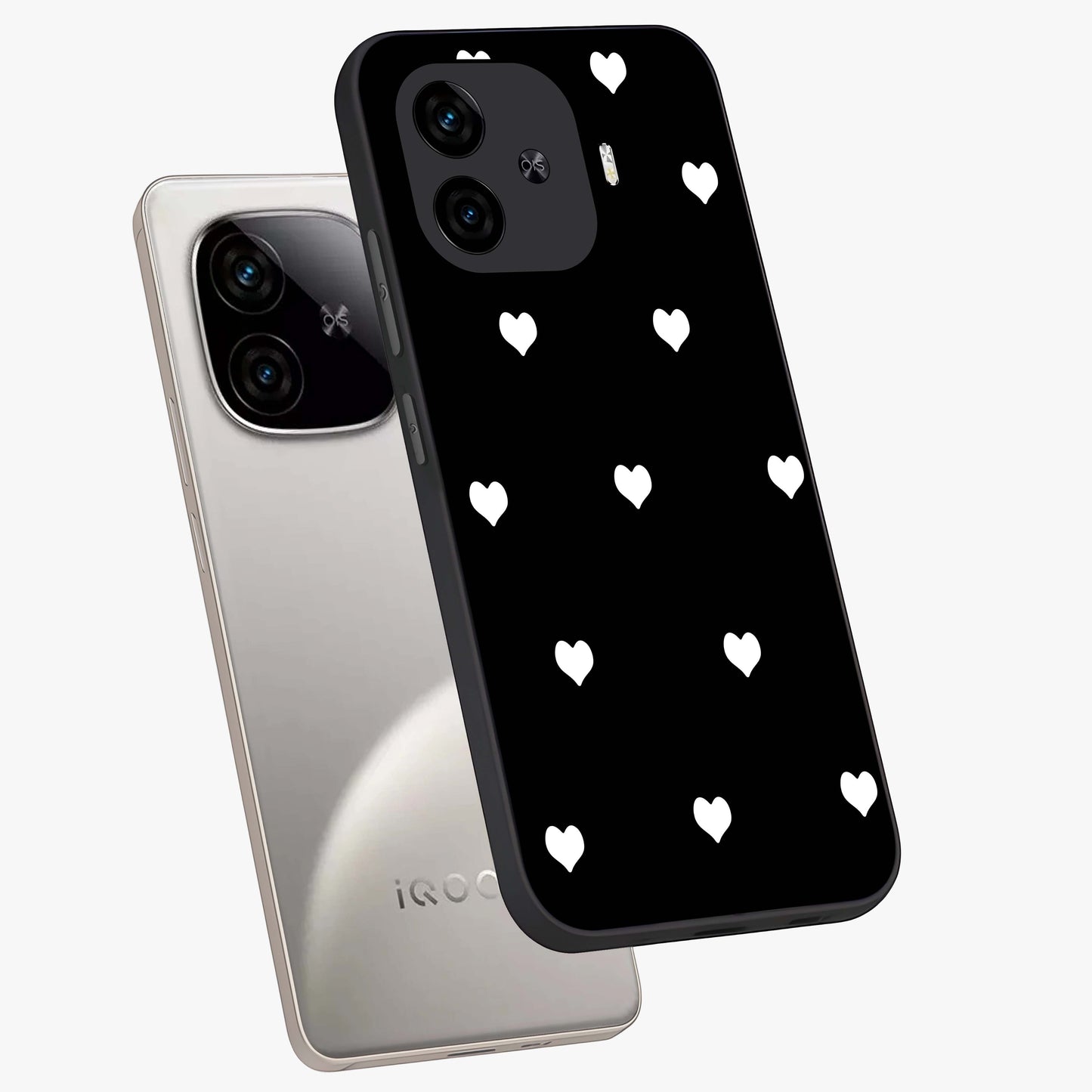 Cute And Simple White Hearts Glass Case displayed in angled mockup highlighting cute heart design with clean aesthetic style.