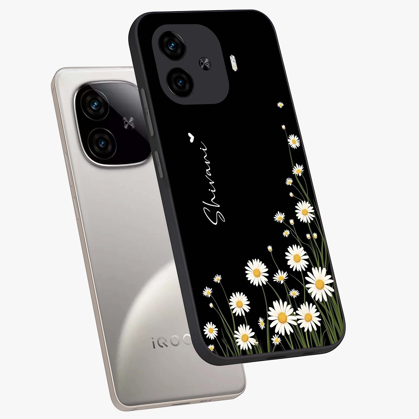 Daisy Cascade Custom Name Glass Case displayed in angled mockup highlighting delicate daisy artwork with custom name feature.