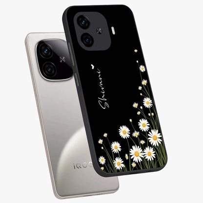 Daisy Cascade Custom Name Glass Case displayed in angled mockup highlighting delicate daisy artwork with custom name feature.