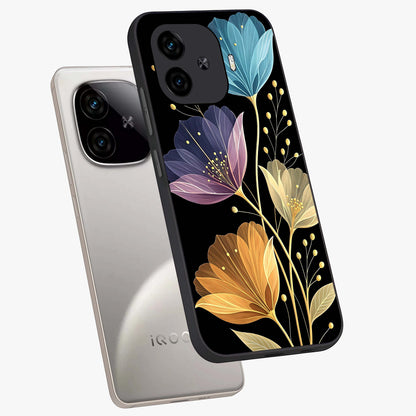 Delicate Multicolor Flowers Glass Case displayed in angled mockup highlighting colorful flower pattern with soft aesthetic style.