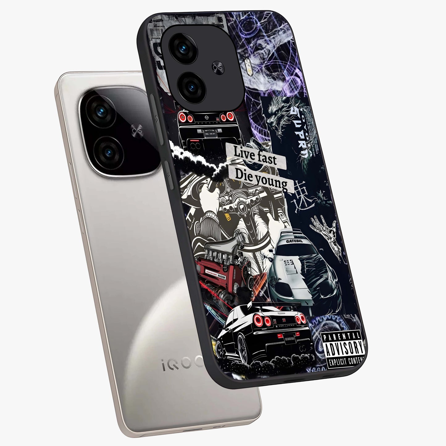 Die Young Glass Case displayed in angled mockup highlighting expressive graphic artwork with edgy aesthetic style.