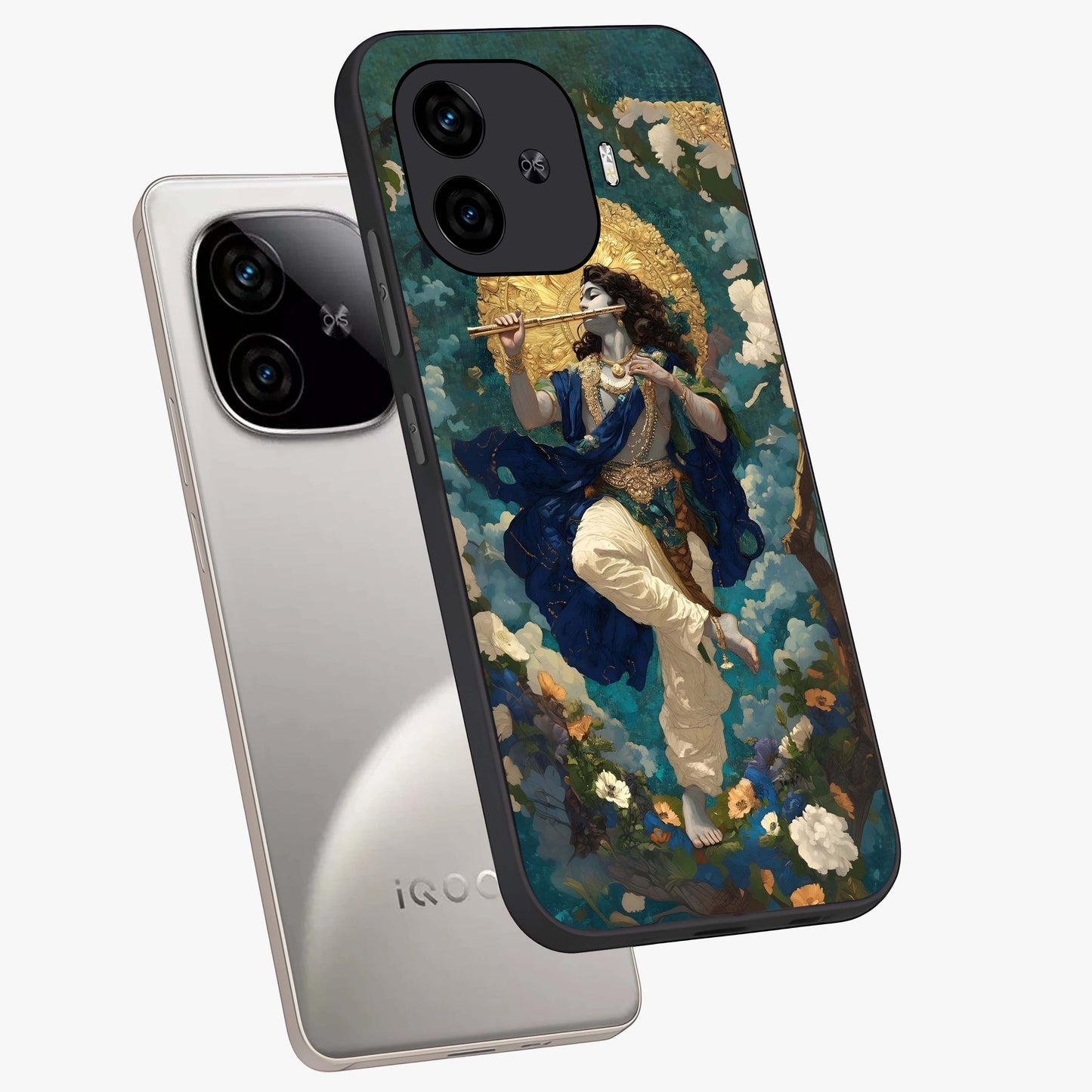 Divine Krishna Art Glass Case displayed in angled mockup highlighting spiritual Krishna illustration with devotional aesthetic.