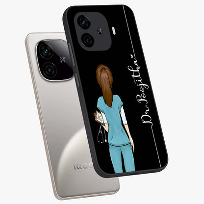 Doctor Pattern Custom Name Glass Case displayed in angled mockup highlighting doctor inspired artwork with custom name feature.
