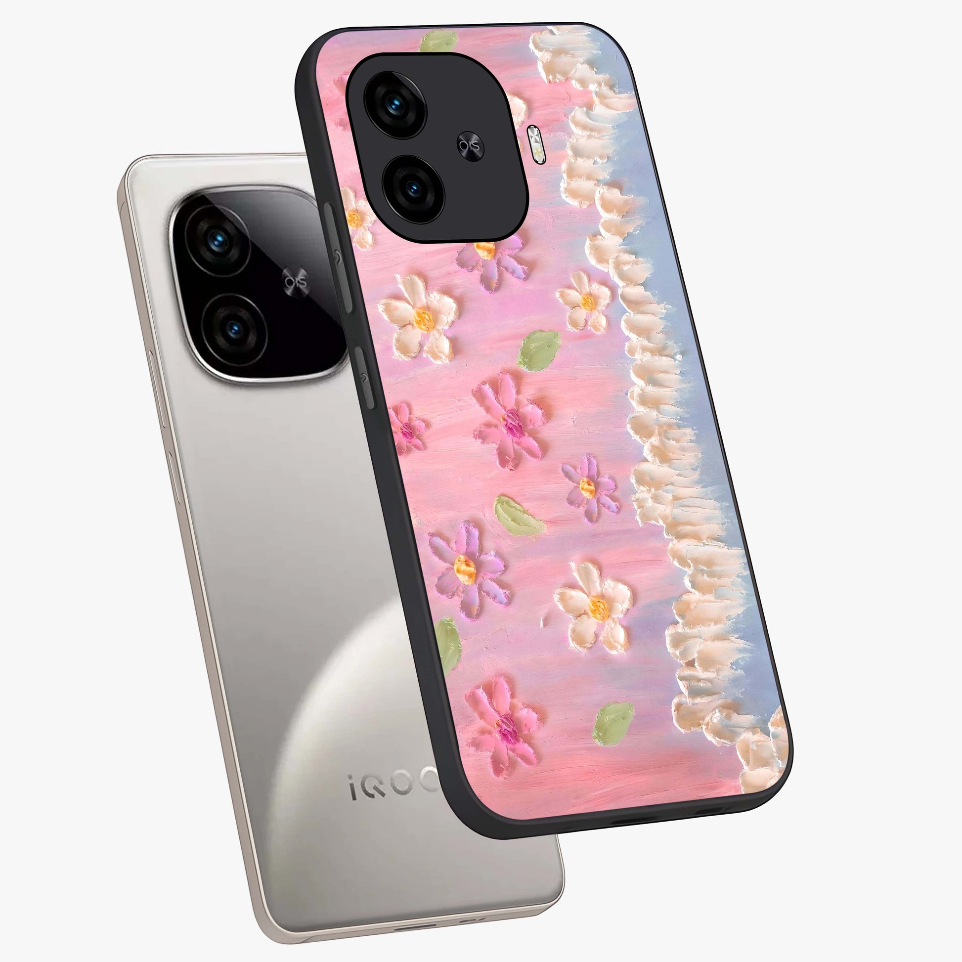 Dreamy Painted Garden Glass Case displayed in angled mockup highlighting colorful garden illustration with dreamy aesthetic style.