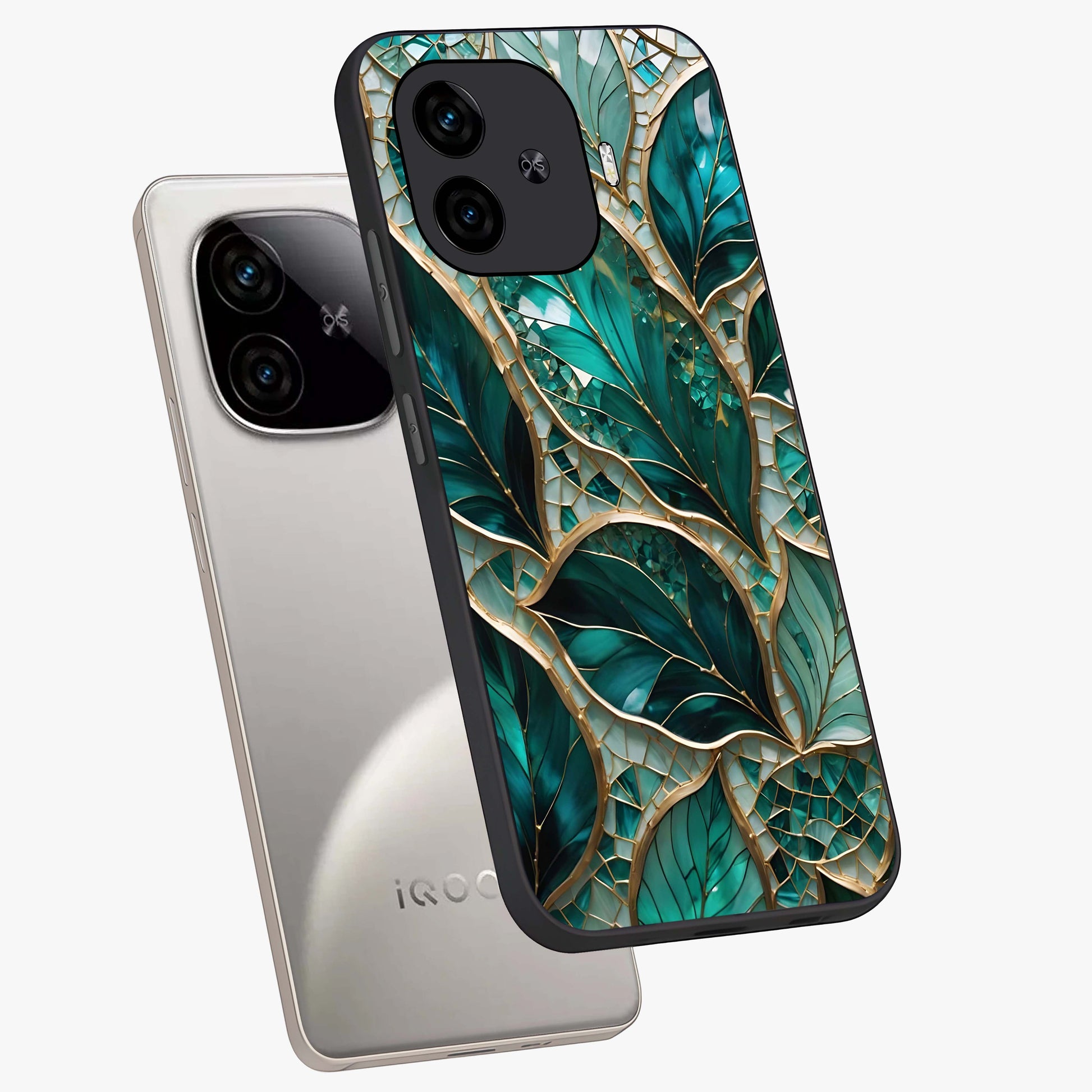 Emerald Leaf Glass Glass Case displayed in angled mockup highlighting botanical leaf illustration with elegant natural aesthetic.
