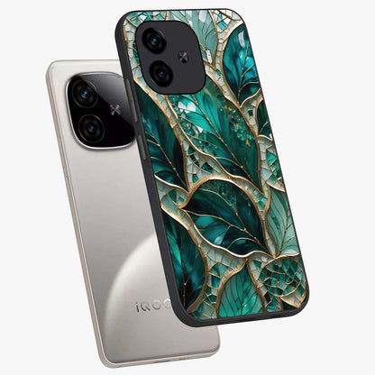 Emerald Leaf Glass Glass Case displayed in angled mockup highlighting botanical leaf illustration with elegant natural aesthetic.
