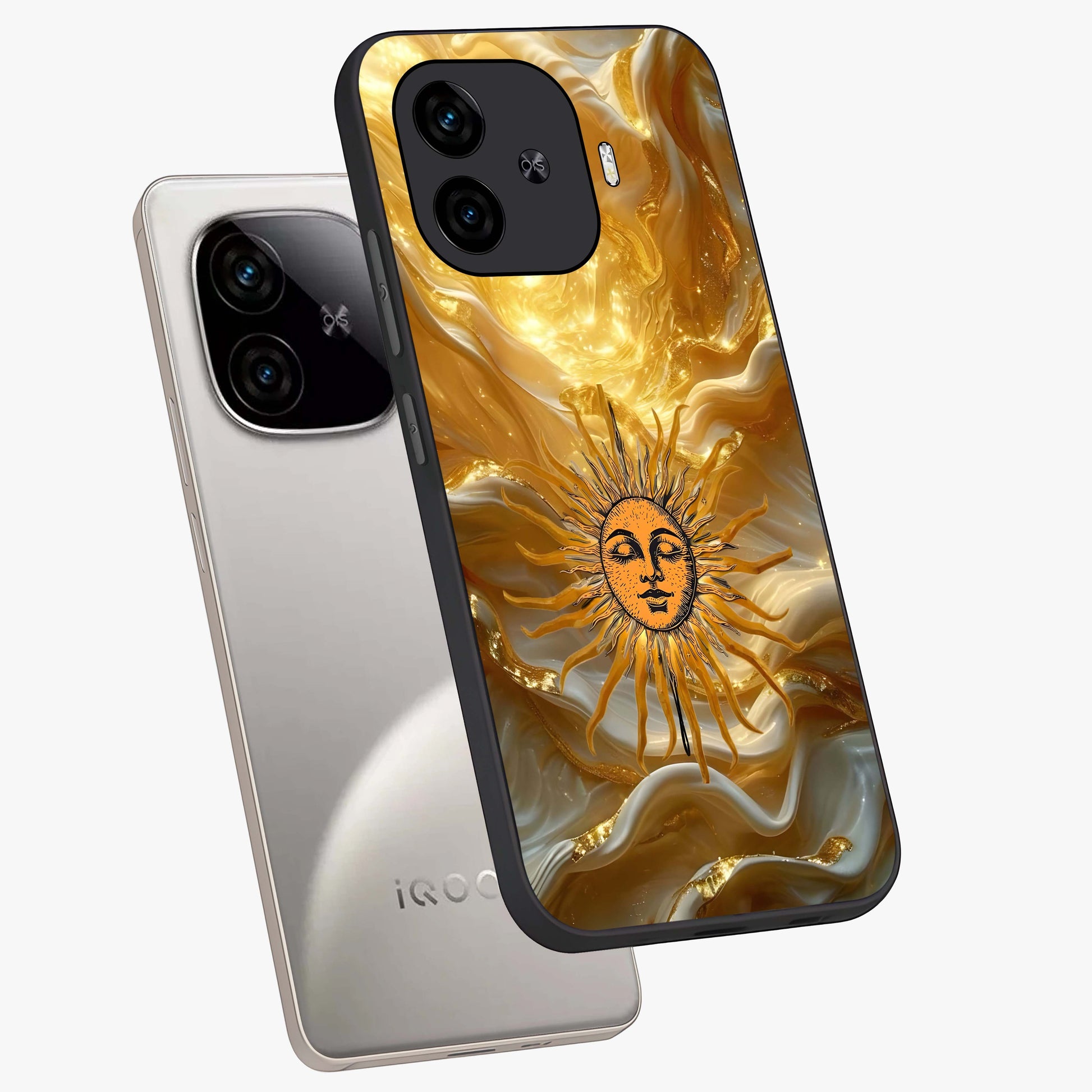 Eternal Golden Glow Glass Case displayed in angled mockup highlighting glowing golden aesthetic design with elegant style.