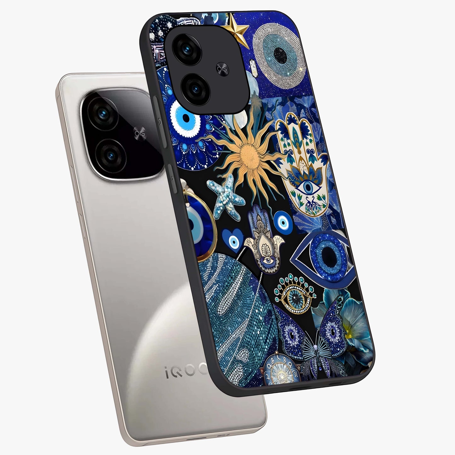 Evil Eye Charm Mix Glass Case displayed in angled mockup highlighting protective evil eye symbols with spiritual aesthetic design.
