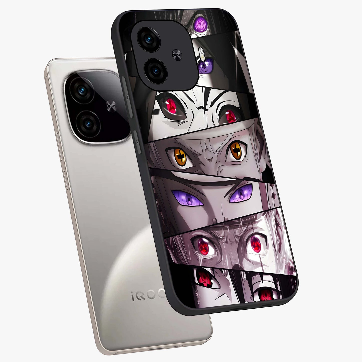 Eyes of Destiny Glass Case displayed in angled mockup highlighting bold eye illustration with mystical aesthetic style.