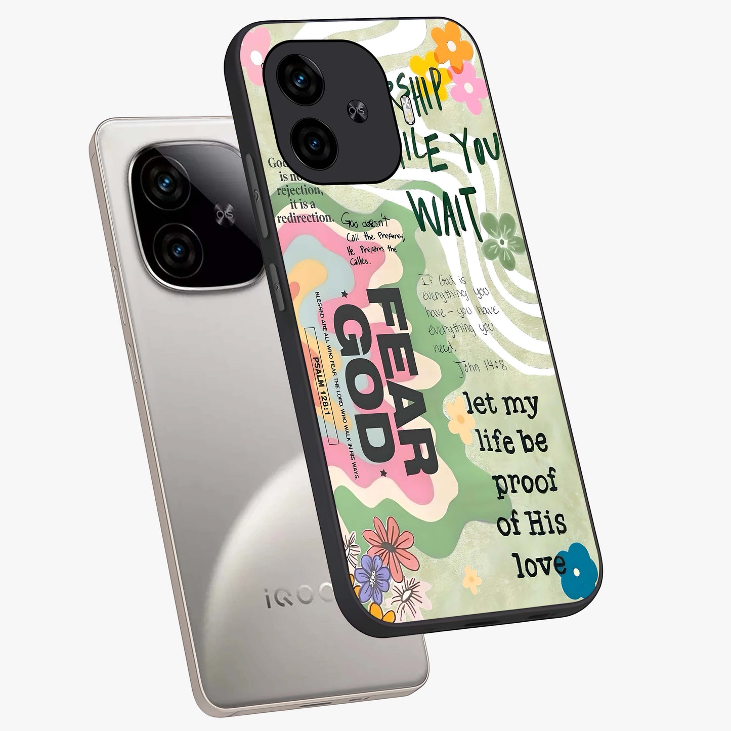 Faith Over Fear Glass Case displayed in angled mockup highlighting inspirational message design with modern aesthetic style.