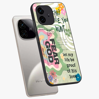 Faith Over Fear Glass Case displayed in angled mockup highlighting inspirational message design with modern aesthetic style.