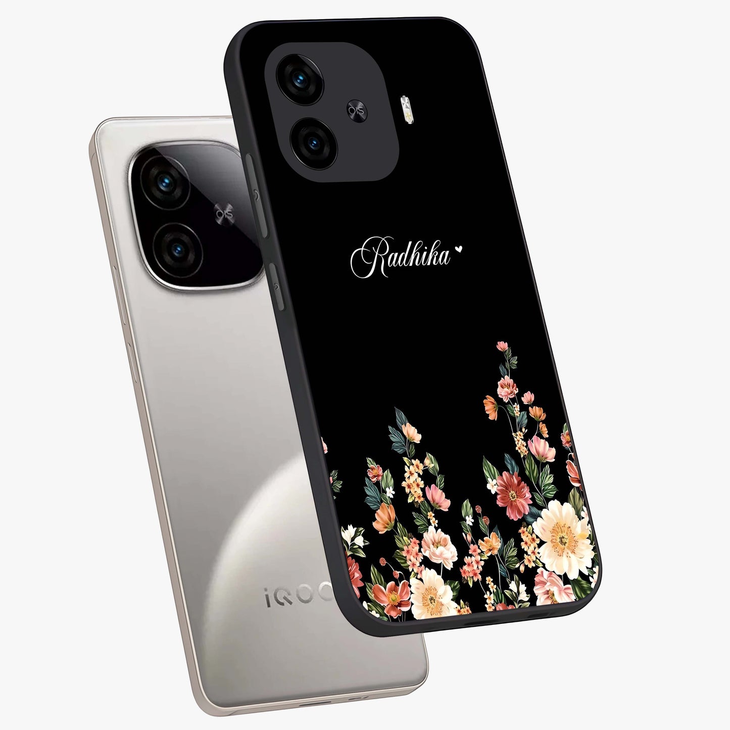 Floral Design With a Custom Personalized Name Glass Case displayed in angled mockup highlighting elegant floral pattern with custom name feature.
