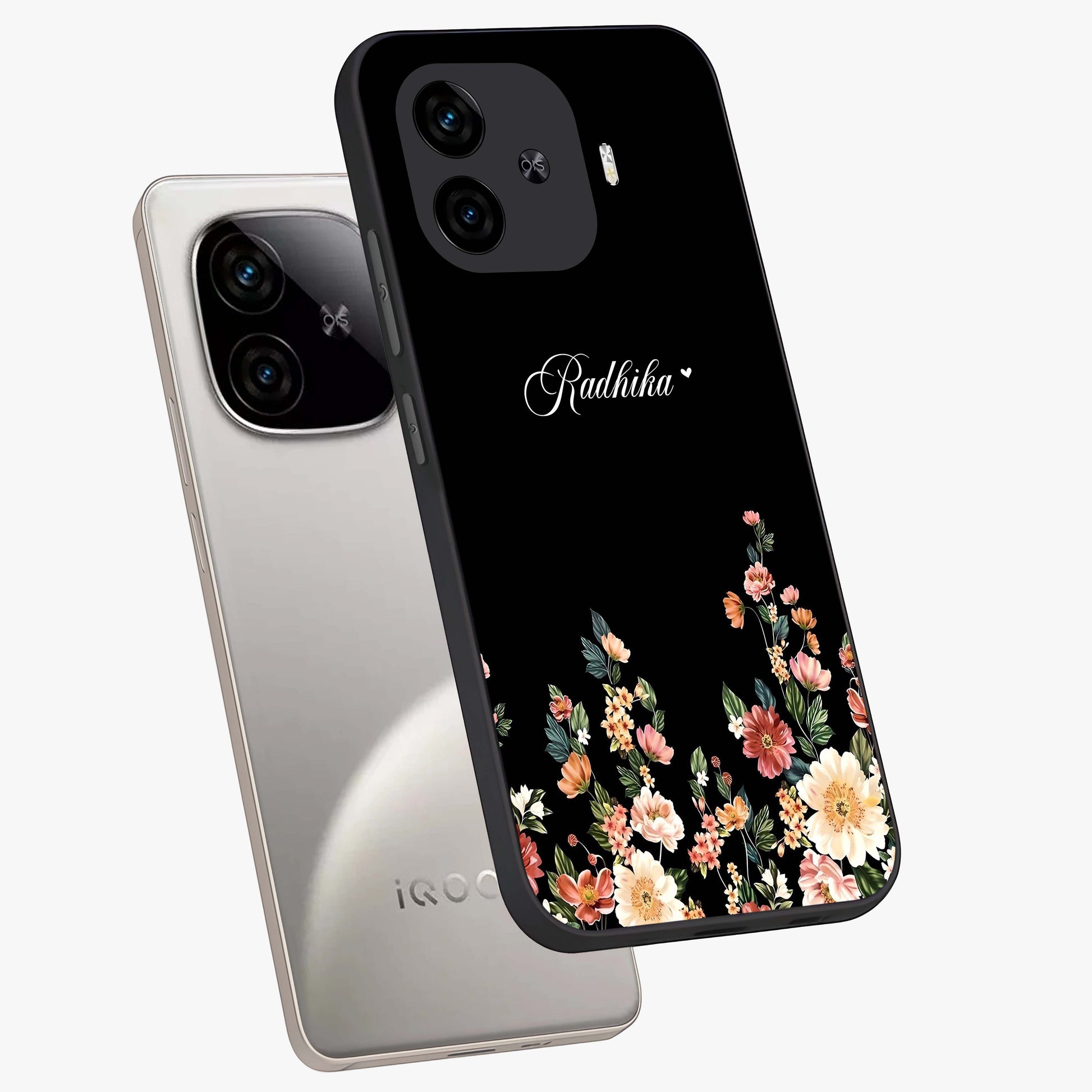 Floral Design With a Custom Personalized Name Glass Case displayed in angled mockup highlighting elegant floral pattern with custom name feature.