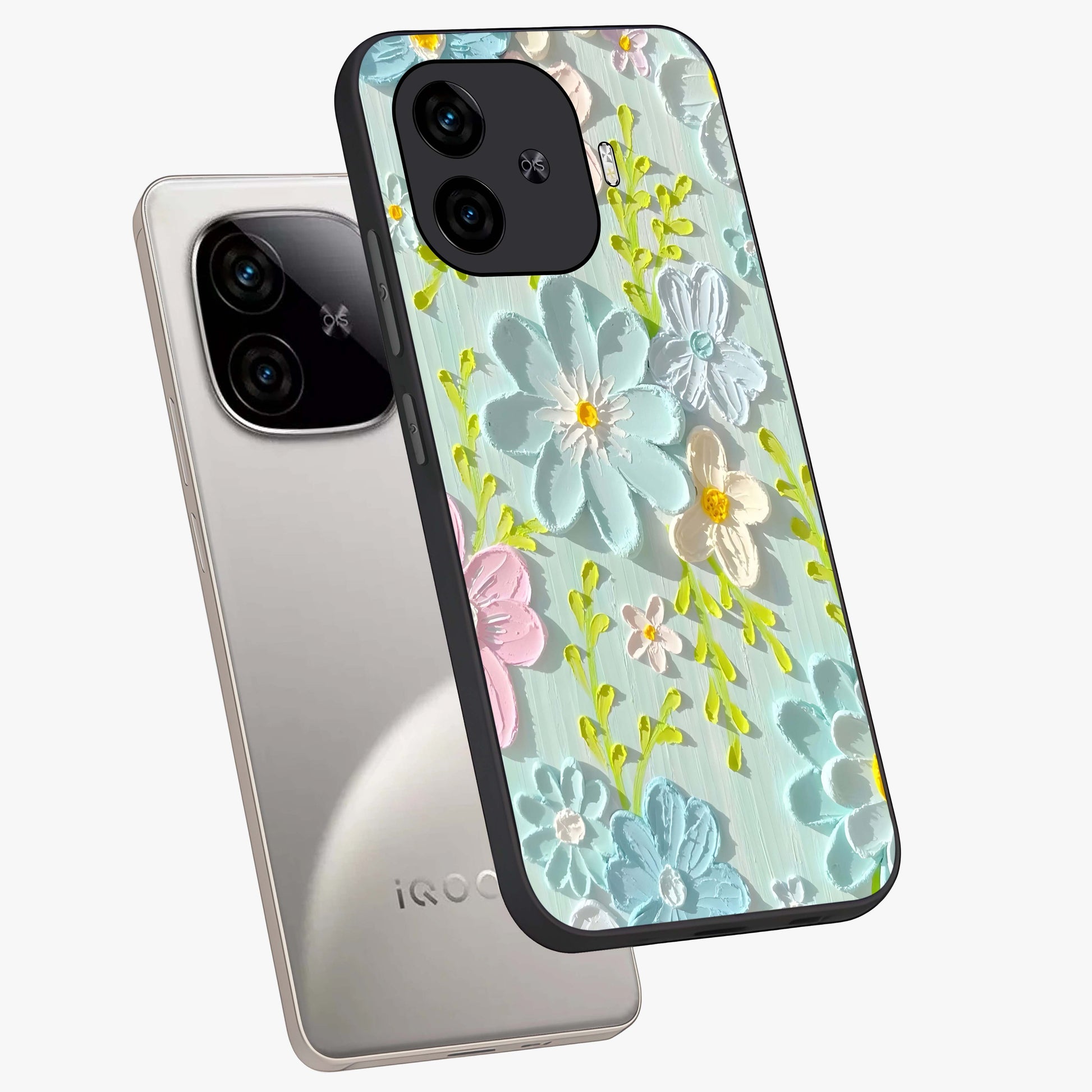 Frosted Petal Garden Glass Case displayed in angled mockup highlighting delicate flower petal design with calm garden aesthetic.