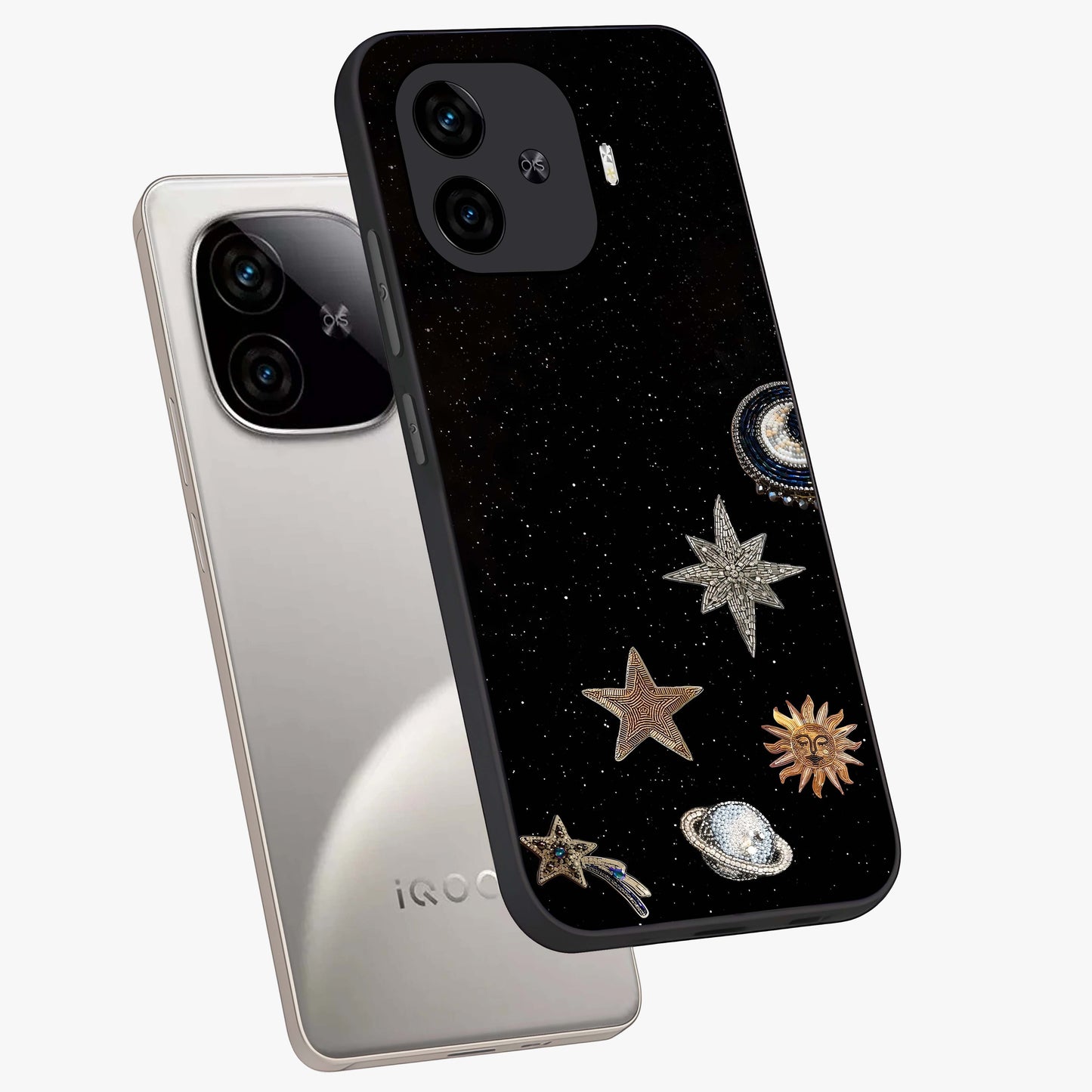Galactic Charm Glow Glass Case displayed in angled mockup highlighting luminous galaxy inspired design with dreamy aesthetic.
