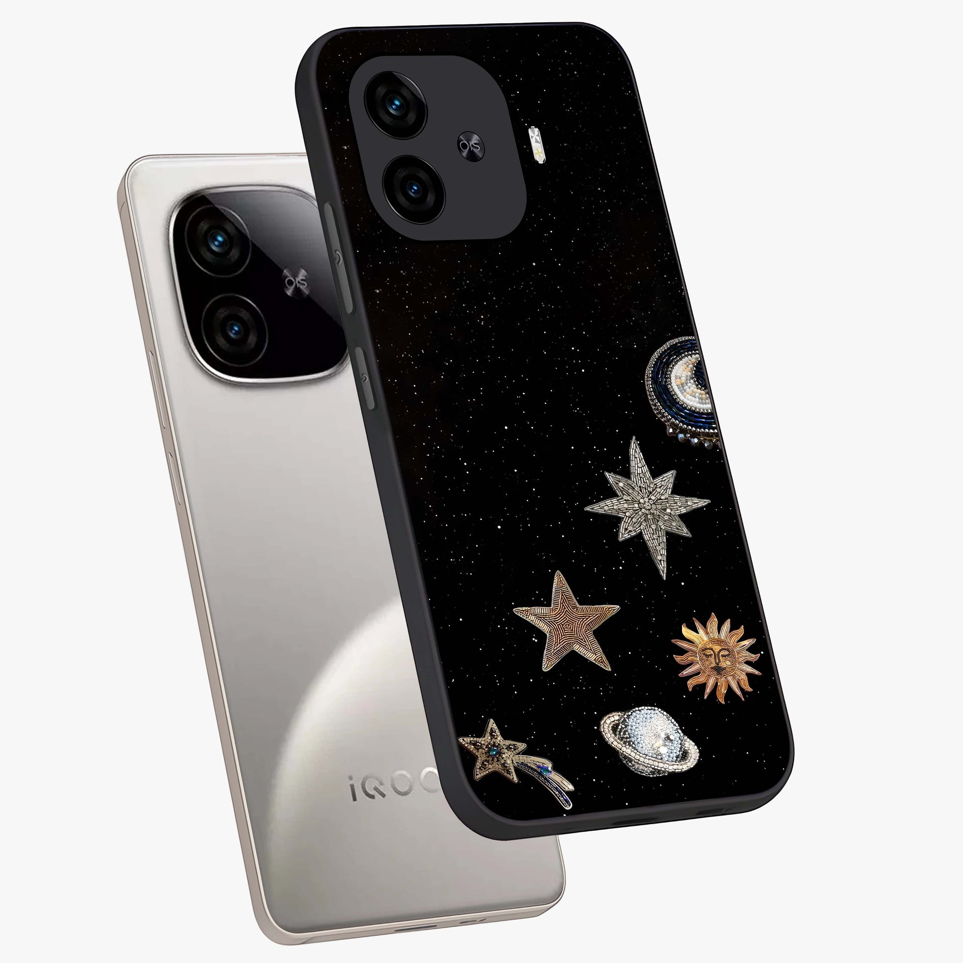 Galactic Charm Glow Glass Case displayed in angled mockup highlighting luminous galaxy inspired design with dreamy aesthetic.