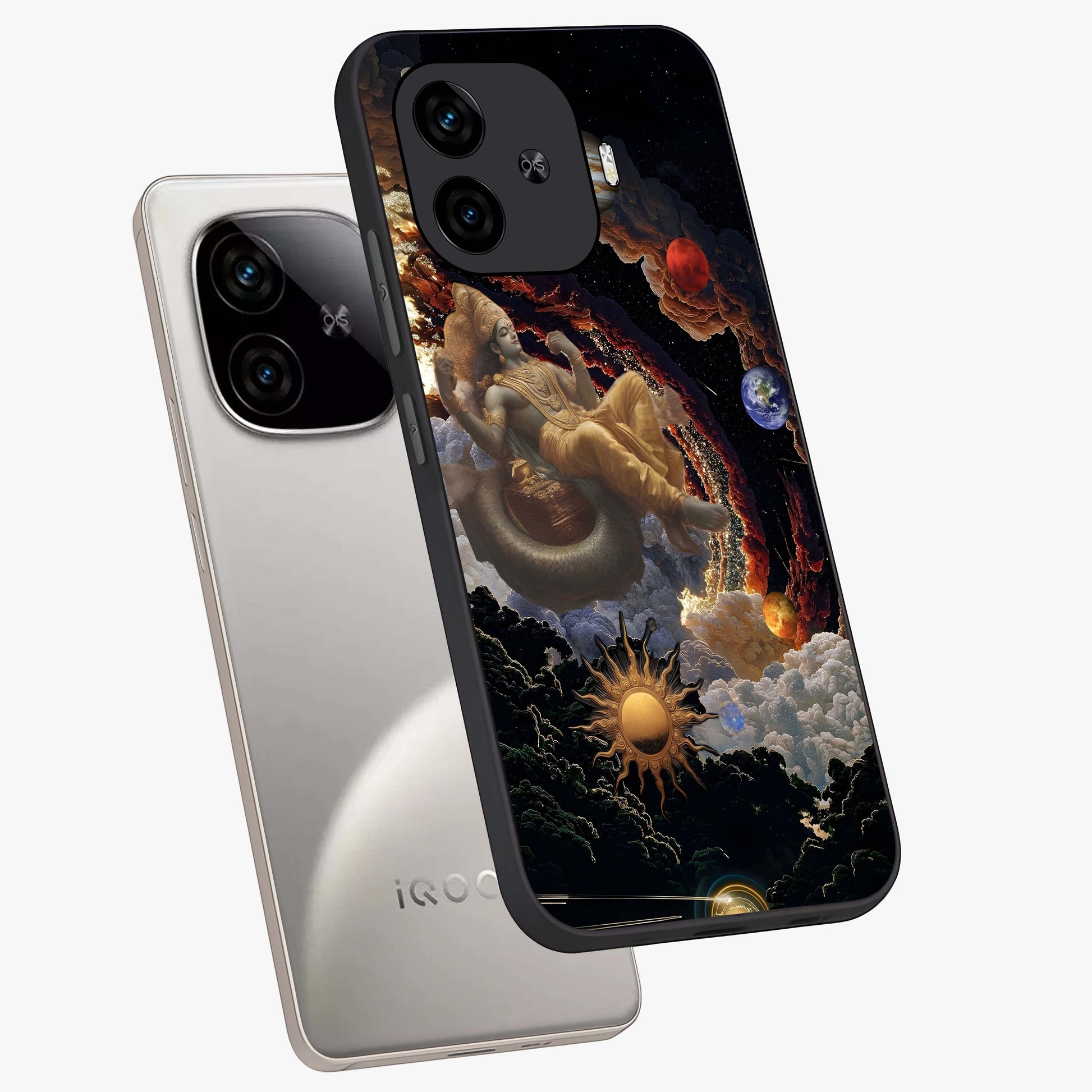 Galactic Divine God Glass Case displayed in angled mockup highlighting powerful celestial deity illustration with galactic aesthetic.