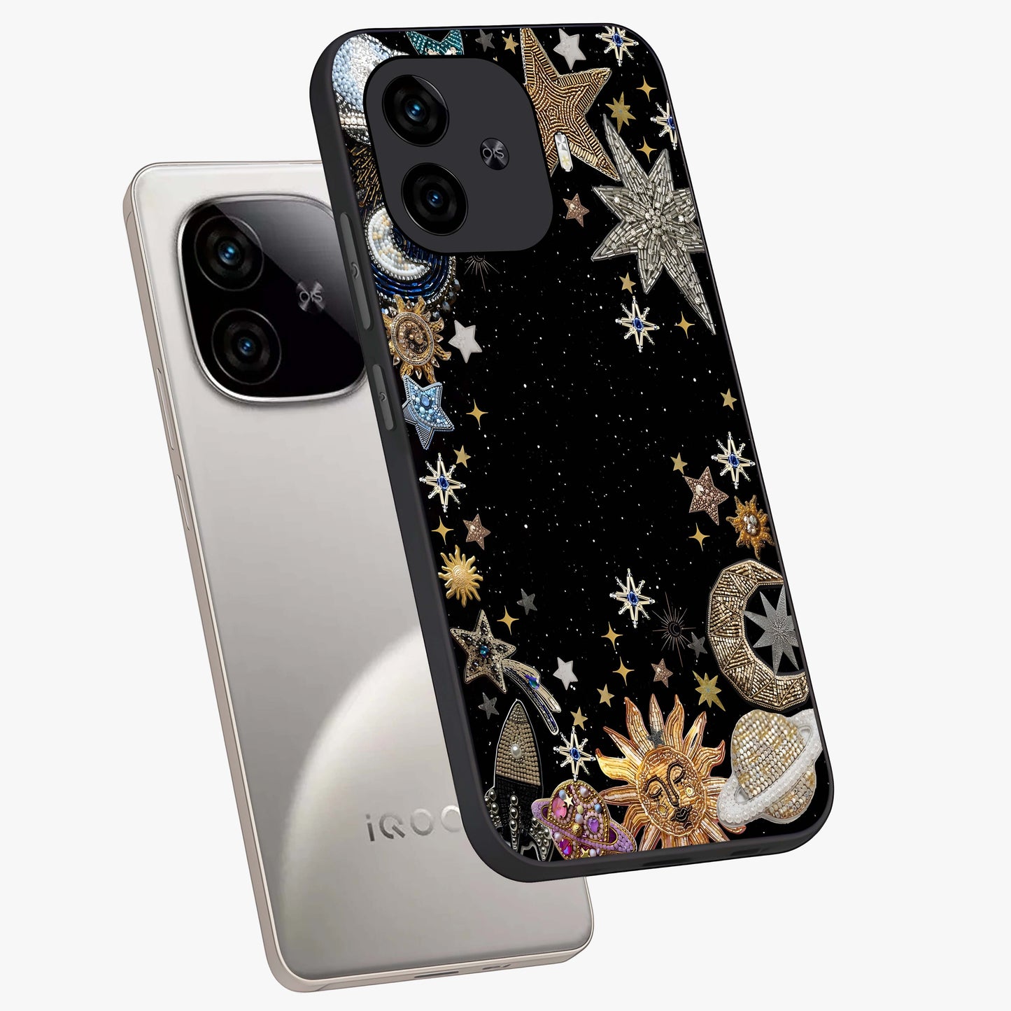 Galactic Jewel Stars Glass Case displayed in angled mockup highlighting shining celestial star design with cosmic aesthetic style.