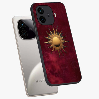 Golden Sun Minimalism Glass Case displayed in angled mockup highlighting clean sun symbol design with modern minimal aesthetic.
