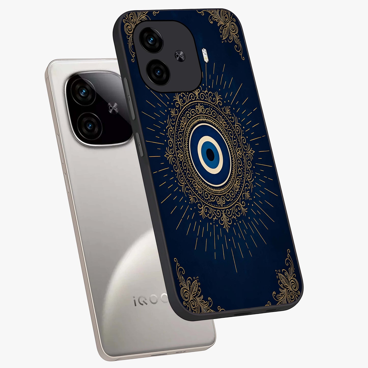 Golden Celestial Charm Glass Case displayed in angled mockup highlighting sparkling cosmic charm design with celestial aesthetic.