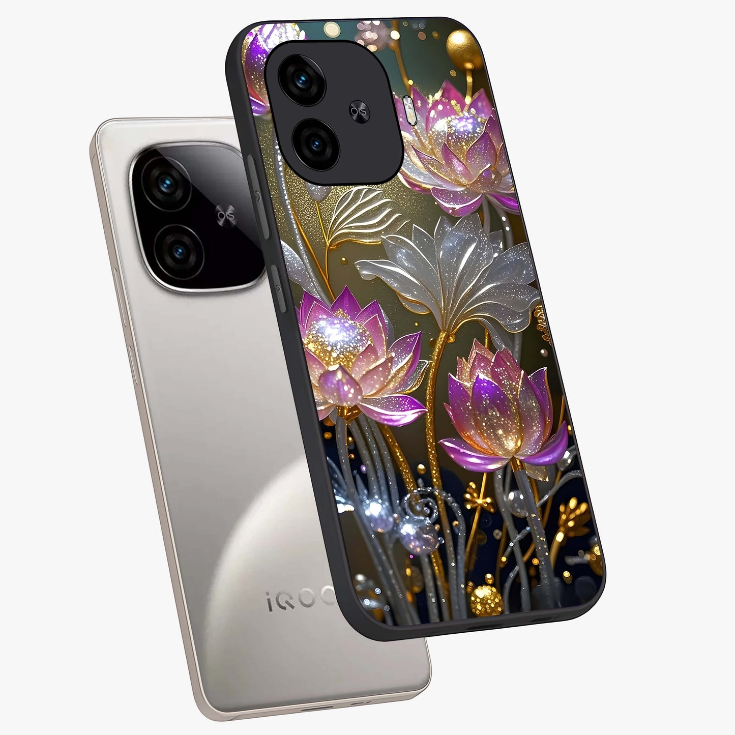 Golden Floral Majesty Glass Case displayed in angled mockup highlighting elegant flower design with royal golden aesthetic.