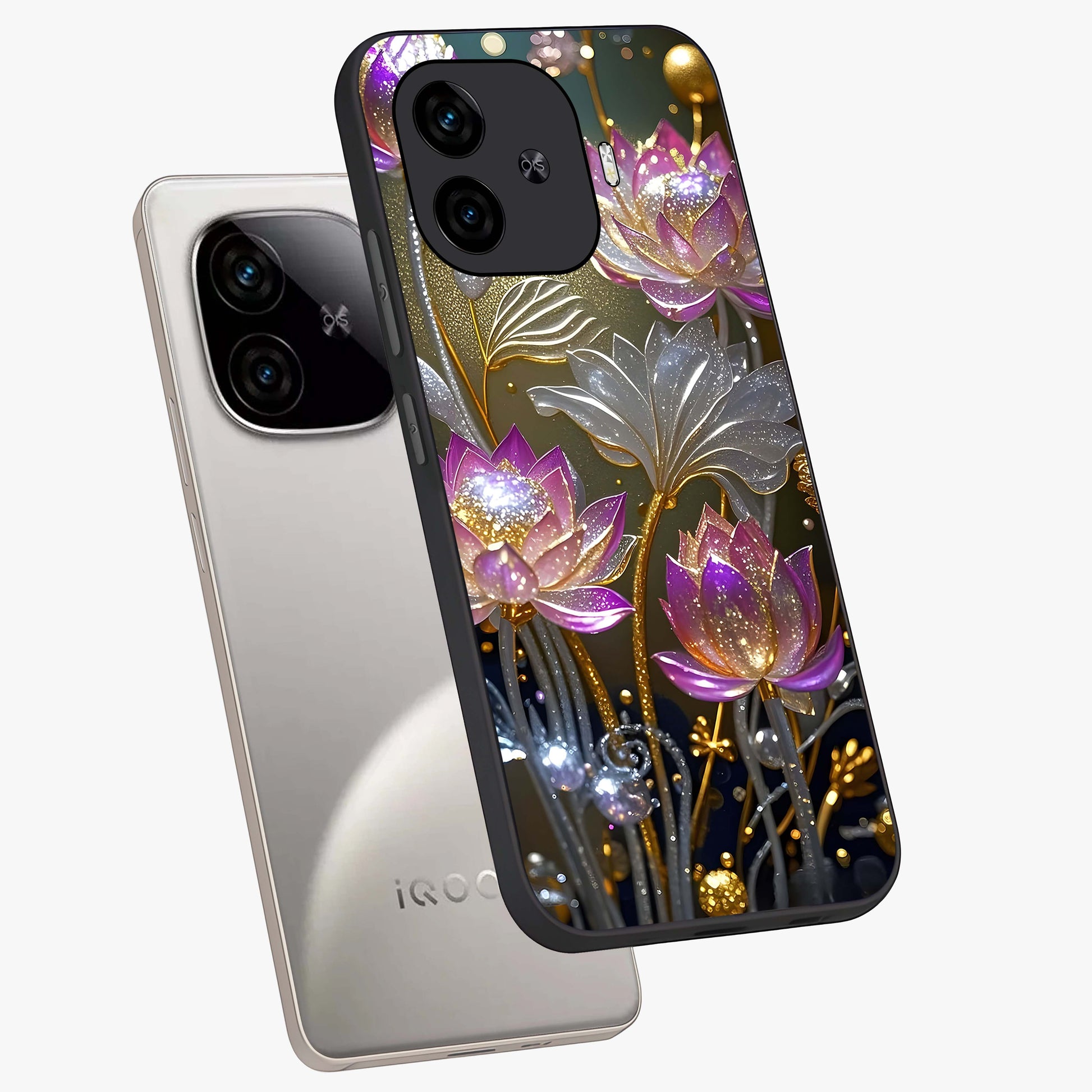 Golden Floral Majesty Glass Case displayed in angled mockup highlighting elegant flower design with royal golden aesthetic.
