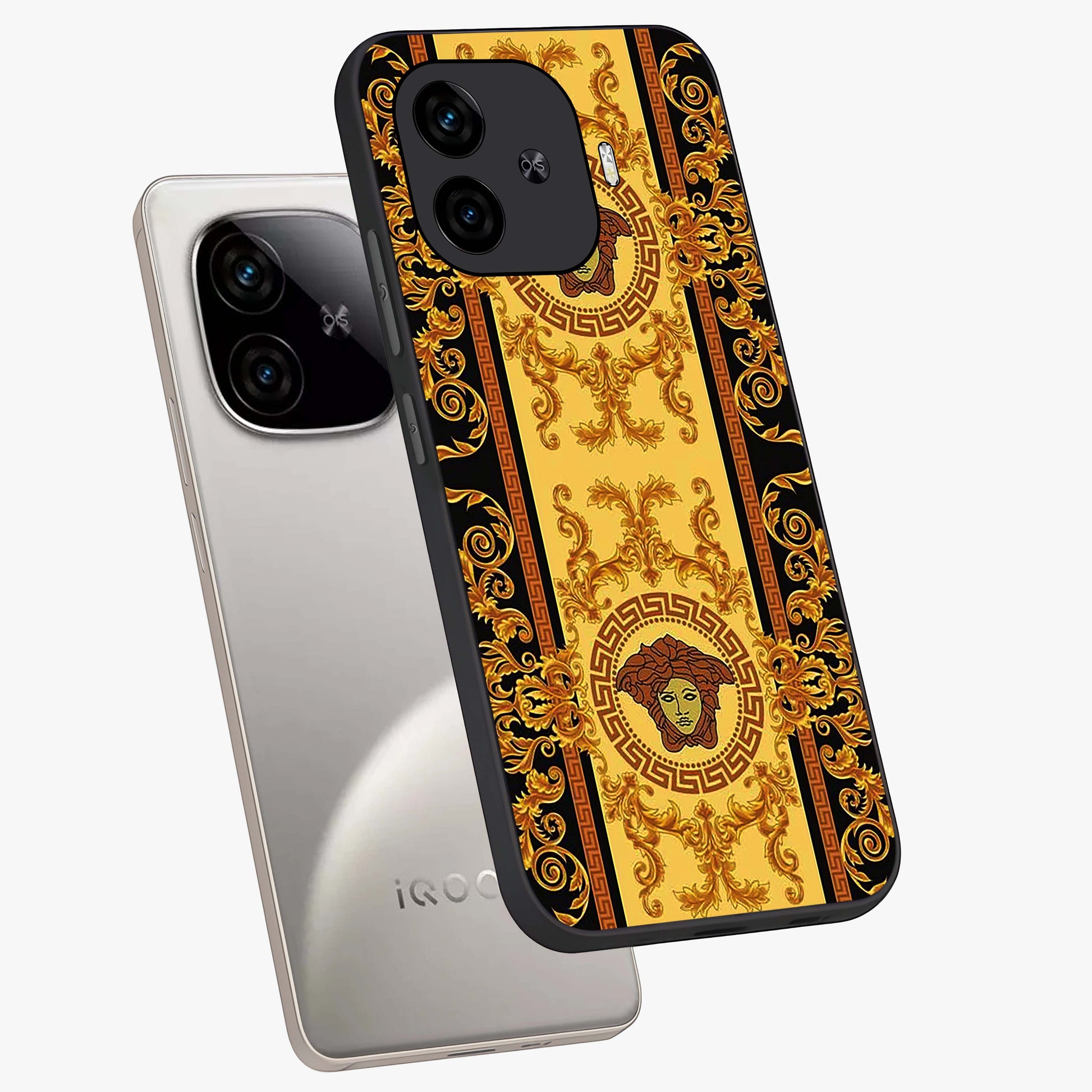 Golden Lotus Glow Glass Case displayed in angled mockup highlighting radiant lotus illustration with spiritual aesthetic.