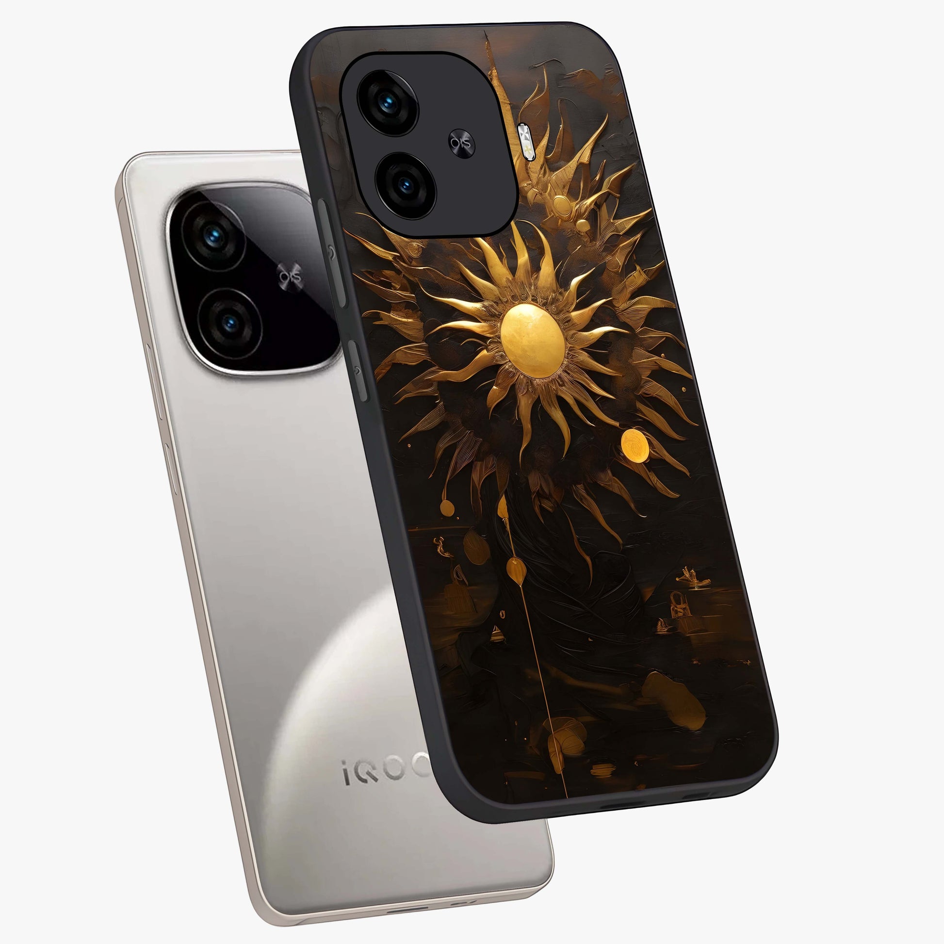 Golden Sun Majesty Glass Case displayed in angled mockup highlighting eerie shadow illustration with gothic aesthetic.