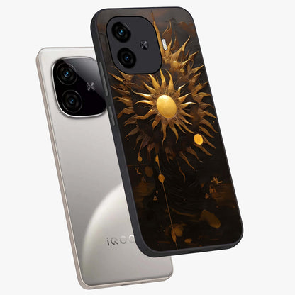 Golden Sun Majesty Glass Case displayed in angled mockup highlighting eerie shadow illustration with gothic aesthetic.