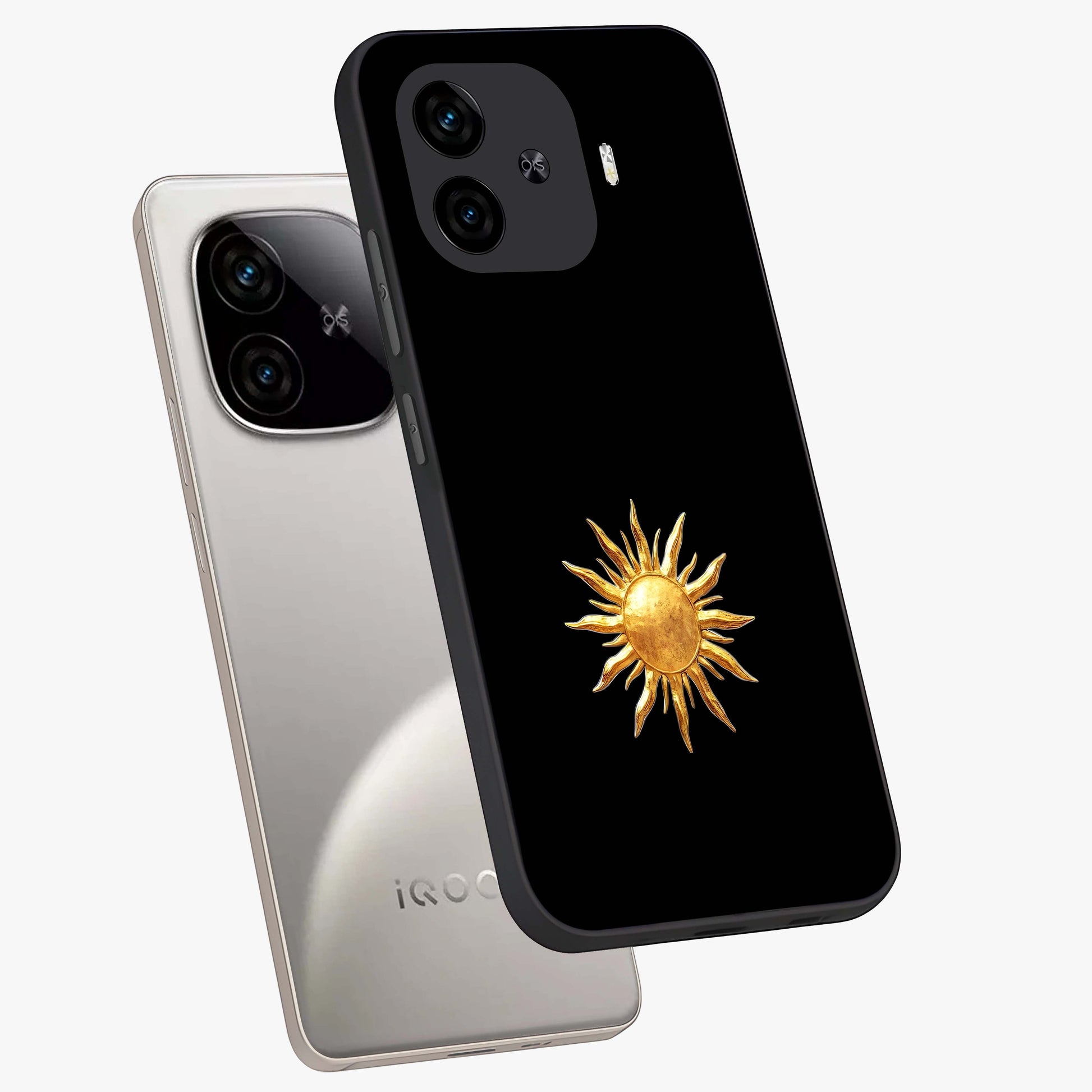 Golden Sun Minimalism Glass Case displayed in angled mockup highlighting eerie shadow illustration with gothic aesthetic.