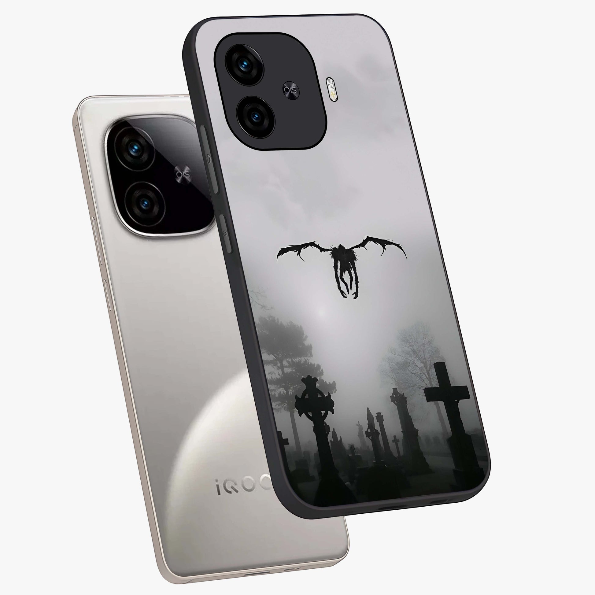 Graveyard Shadow Descent Glass Case displayed in angled mockup highlighting eerie shadow illustration with gothic aesthetic.