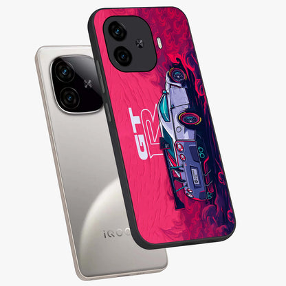 GT-R Car Pattern Glass Case displayed in angled mockup highlighting racing car graphic design with bold automotive aesthetic.