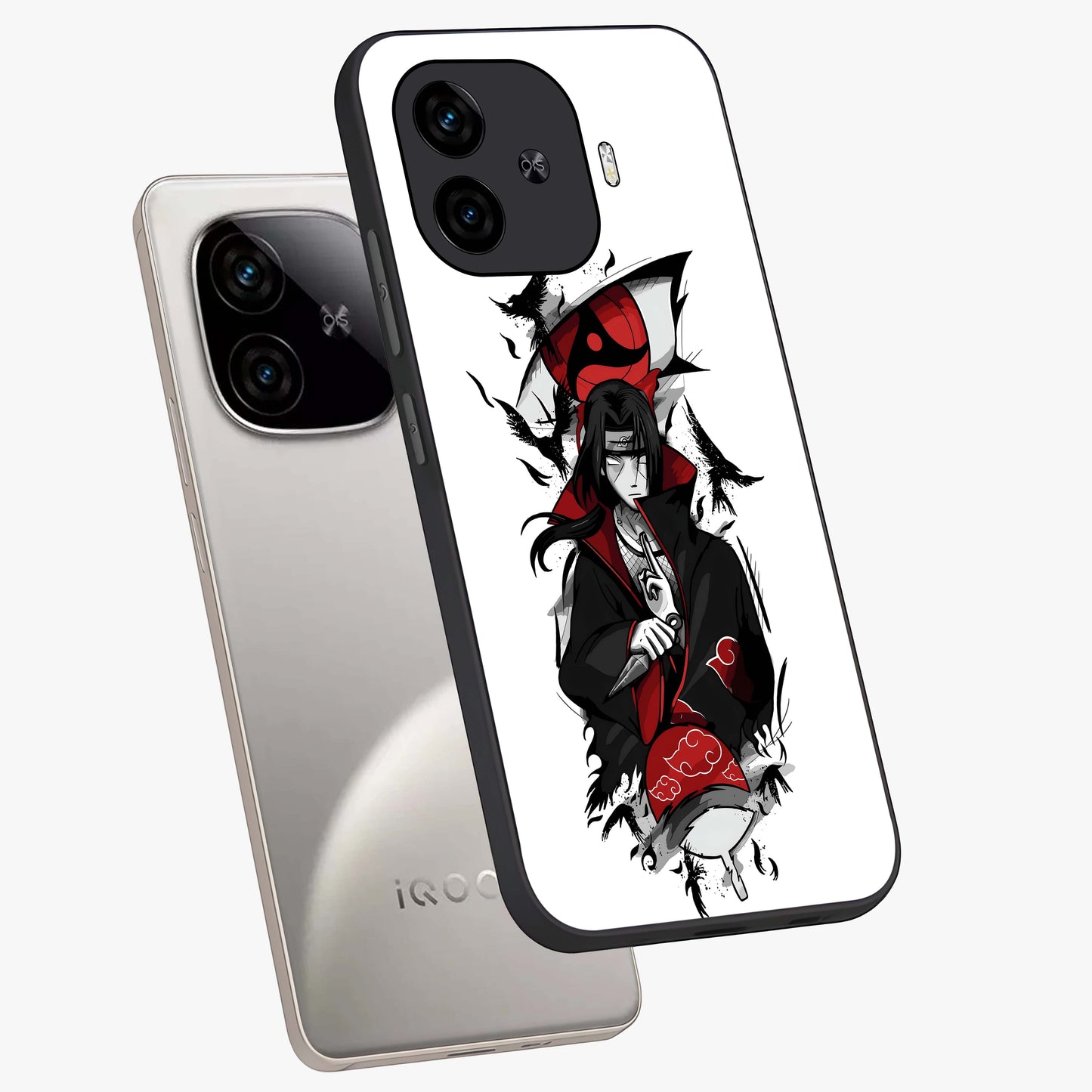 Itachi Limited Edition Naruto Anime Glass Case displayed in angled mockup highlighting dramatic anime illustration with bold action aesthetic.