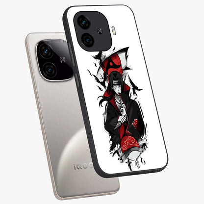 Itachi Limited Edition Naruto Anime Glass Case displayed in angled mockup highlighting dramatic anime illustration with bold action aesthetic.