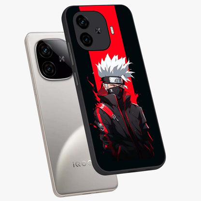 Kakashi Scarlet Shadow Glass Case displayed in angled mockup highlighting dramatic ninja illustration with scarlet themed aesthetic.