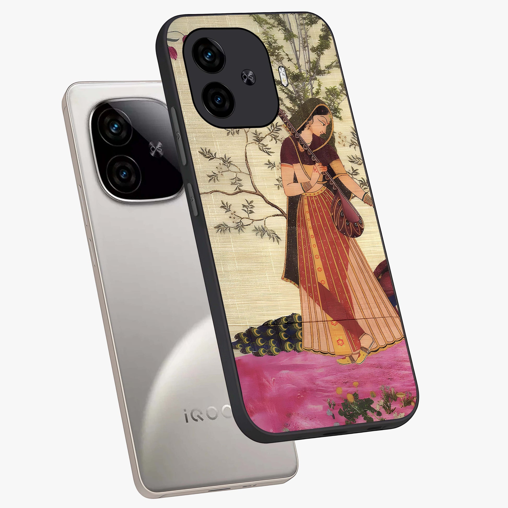 Lady With Veena Art Glass Case displayed in angled mockup highlighting graceful musical illustration with cultural artistic aesthetic.