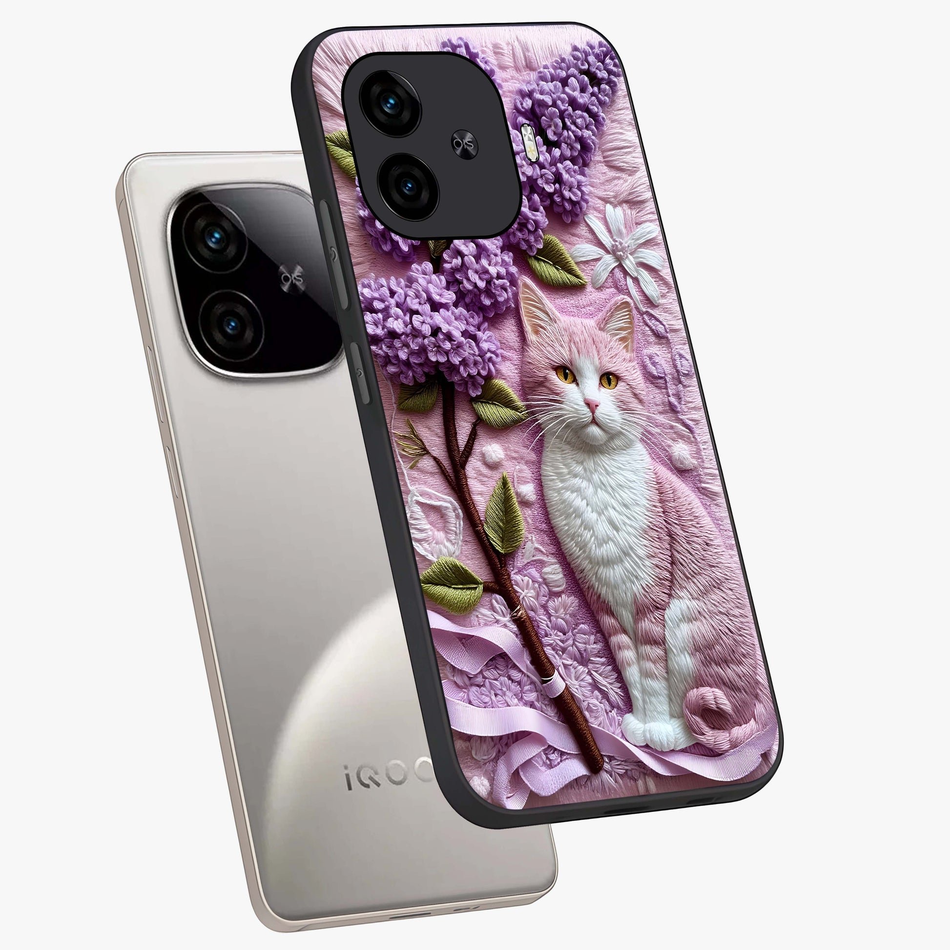Lavender Cat Whimsy Glass Case displayed in angled mockup highlighting playful feline illustration with pastel lavender aesthetic.