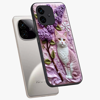 Lavender Cat Whimsy Glass Case displayed in angled mockup highlighting playful feline illustration with pastel lavender aesthetic.