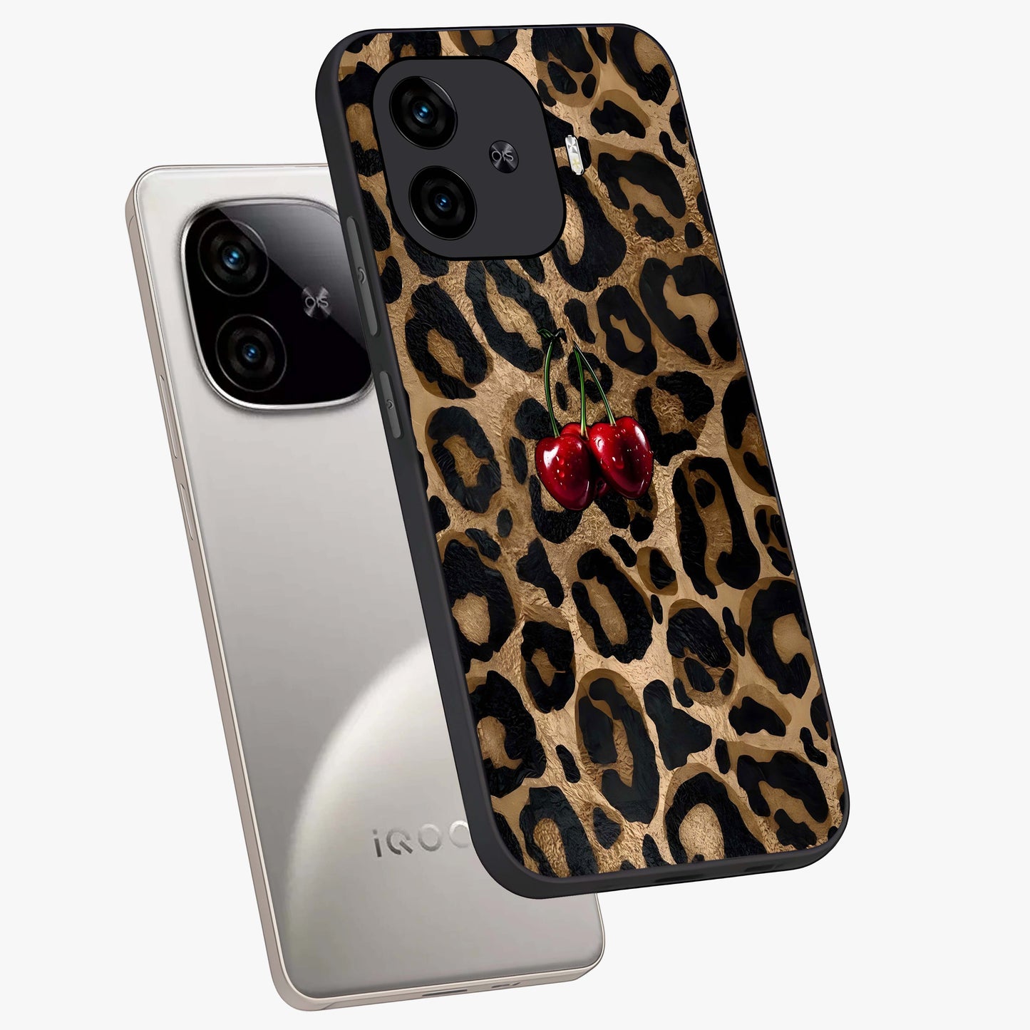 Leopard Wild Cherry Glass Case displayed in angled mockup highlighting bold animal print design with playful cherry aesthetic.