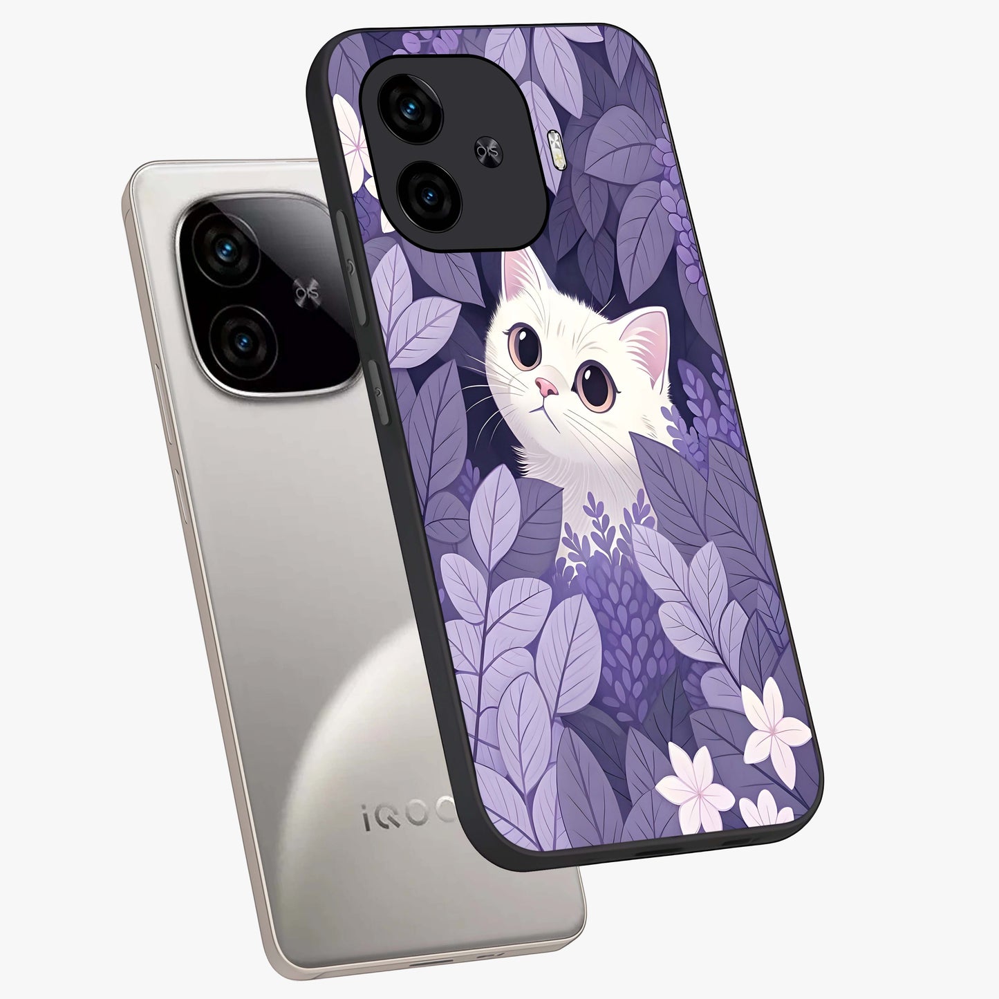 Lilac Hide Peek Cat Glass Case displayed in angled mockup highlighting playful feline illustration with lilac aesthetic design.