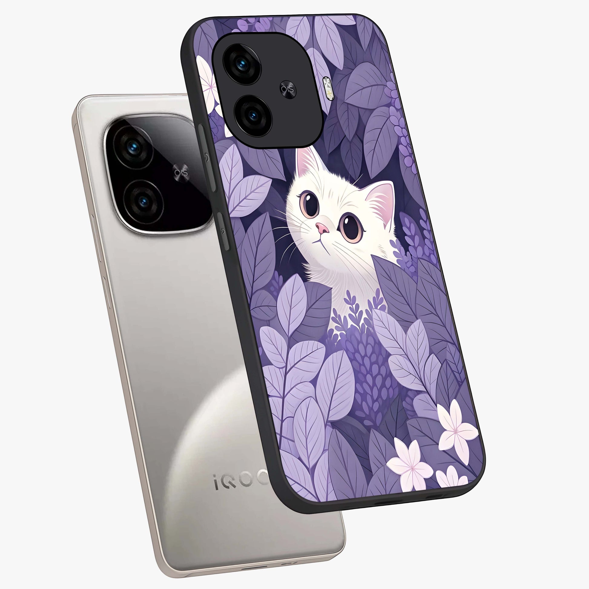 Lilac Hide Peek Cat Glass Case displayed in angled mockup highlighting playful feline illustration with lilac aesthetic design.