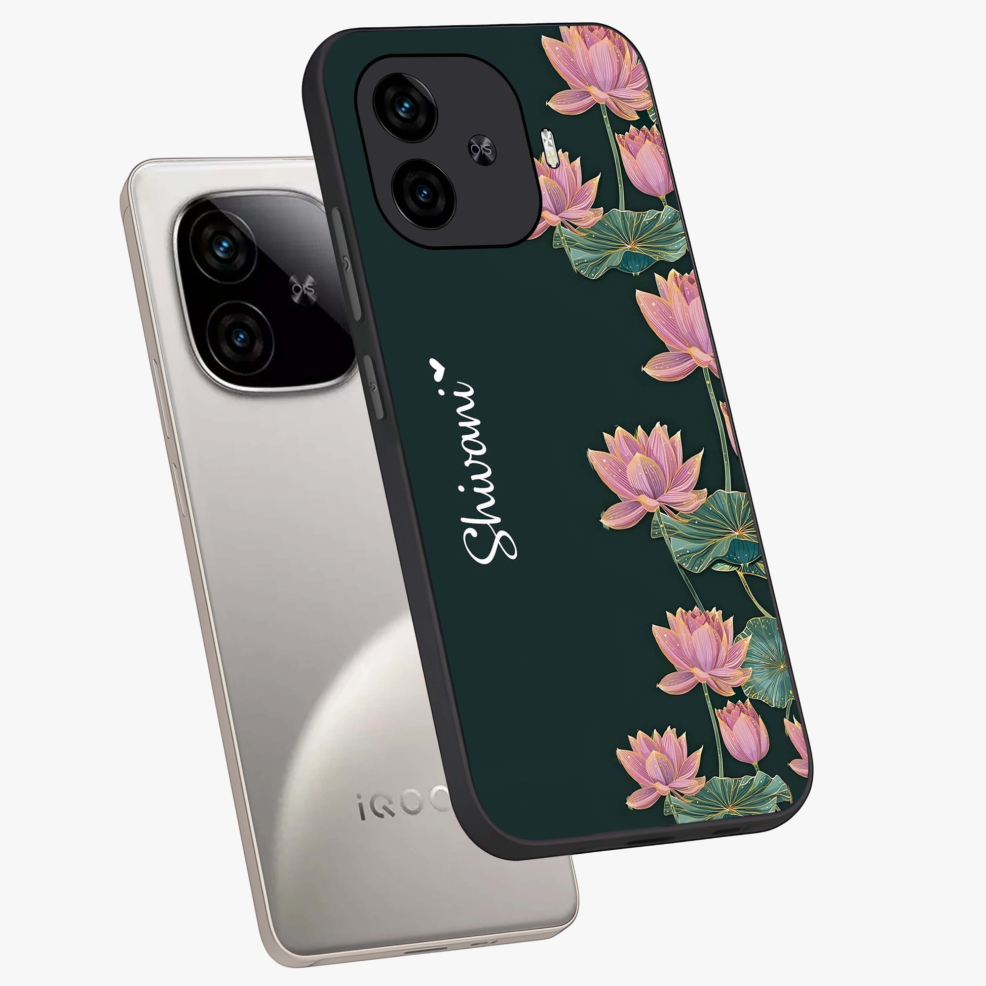 Lotus Bloom Serenity Custom Name Glass Case displayed in angled mockup highlighting graceful lotus illustration with custom name feature.