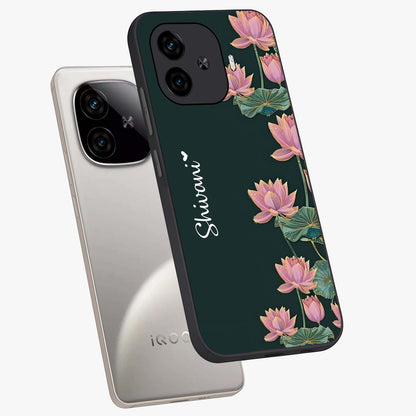 Lotus Bloom Serenity Custom Name Glass Case displayed in angled mockup highlighting graceful lotus illustration with custom name feature.
