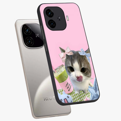 Love Matcha Cat Glass Case displayed in angled mockup highlighting playful feline illustration with cozy matcha aesthetic.