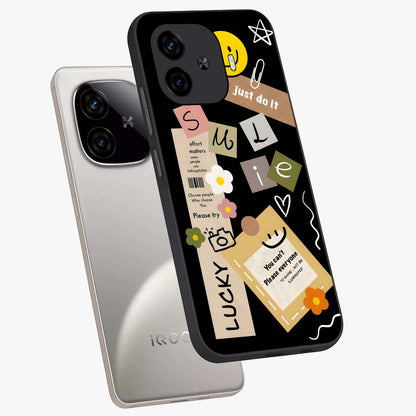 Lucky Aesthetic Collage Glass Case displayed in angled mockup highlighting stylish collage pattern with modern aesthetic vibe.